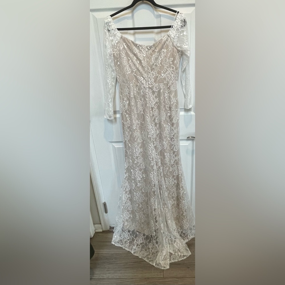Maniju White Lace Maxi Wedding dress by LuLus Sz L 130 - Picture 2 of 5